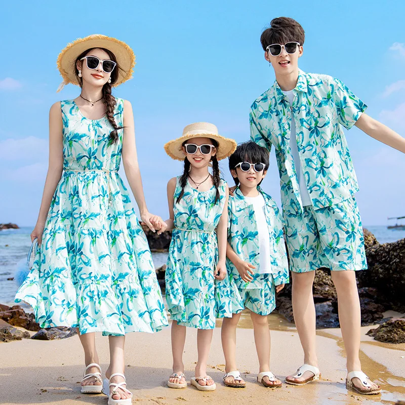 Summer Clothing Resort - ชุดวันหยุดพ่อแม่ลูก, ชุดคู่พ่อลูกชายชุดชายหาดคู่แม่ลูกรีสอร์ทชุดเดรสแขนกุด