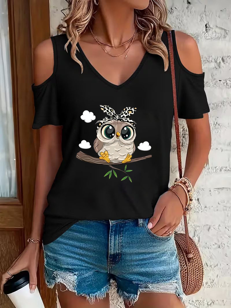 Summer Clothing Drop - เสื้อยืดคอวีลายการ์ตูนนกฮูกสุดเทรนดี้ แขนสั้น คอวี ลายกราฟิก เสื้อยืดลำลองสำหรับผู้หญิง เสื้อผ้าฤดูร้อน