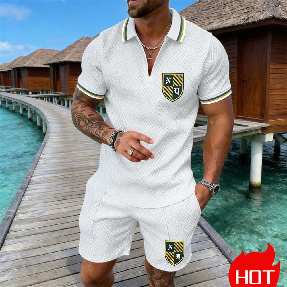 Summer Clothing Resort - เสื้อโปโลลายเรโทร 3 มิติ สไตล์ลำลองสำหรับผู้ชาย ชุดเซ็ต 2
