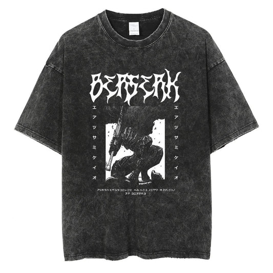 Japanese Summer Clothing Men - เสื้อยืดลายอนิเมะญี่ปุ่น Berserk สไตล์เรโทร ล้างสีแบบวินเทจ สำหรับผู้ชายและผู้หญิง เสื้อผ้าฮาราจูกุฤดูร้อนใหม่