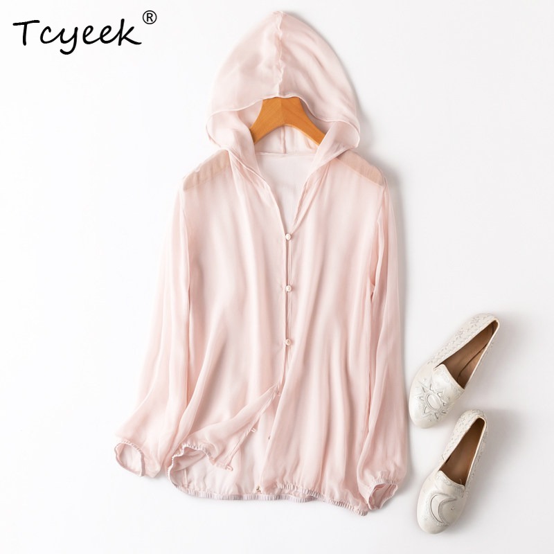 Summer Clothing Usa - ทีซีเอก 100% ผ้าไหมมัลเบอร์รี่แท้เสื้อผู้หญิง 2026 ฤดูร้อนระบายอากาศได้ดีมีฮู้ดสีชมพูอ่อนป้องกันแสงแดดเสื้อผ้าหญิงโรปา มูเฮร์