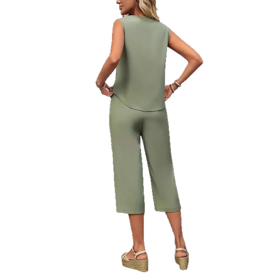 Summer Clothing Amazon - ชุดเสื้อครอปแขนกุดสีเขียวมะกอกแบบลามิเนตพร้อมกางเกงขายาว ดีไซน์ใหม่สำหรับผู้หญิงข้ามพรมแดน ปี 2025 รุ่น Amazon