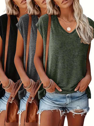 Summer Clothing Drop - เสื้อแขนสั้นคอวีสีทึบ 3 แพ็ค เสื้อแขนสั้นลำลองสำหรับฤดูร้อนและฤดูใบไม้ผลิ เสื้อผ้าผู้หญิง