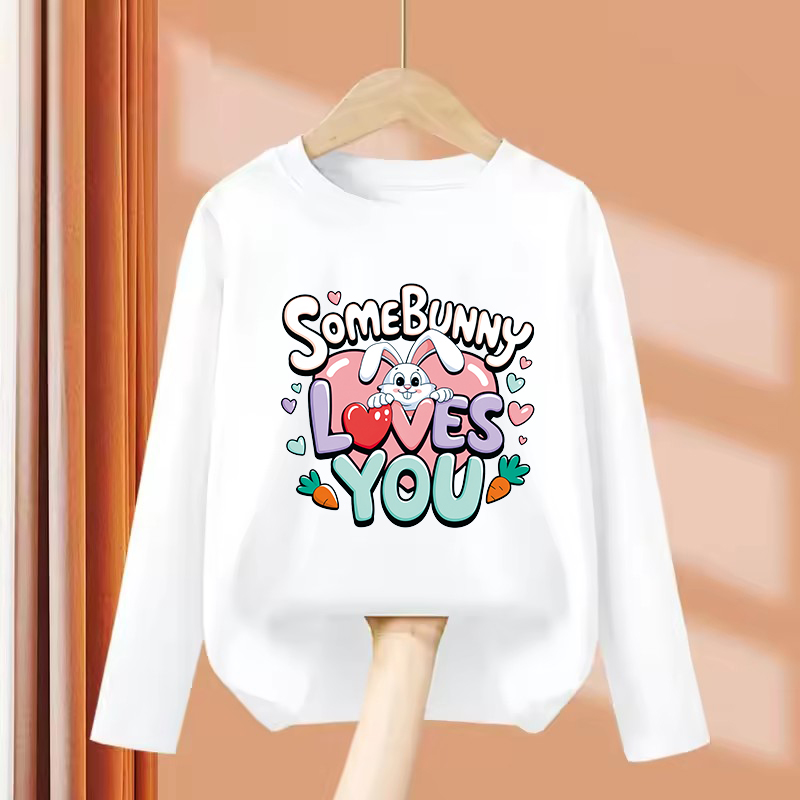 Summer Loving Kids Clothing - เสื้อยืดแขนยาวลายกระต่ายน่ารัก ลายหัวใจ เสื้อยืดพิมพ์ลาย เสื้อยืดลำลองสำหรับเด็กผู้หญิง เสื้อยืดเด็กน่ารัก เสื้อผ้าเด็กผู้ชาย