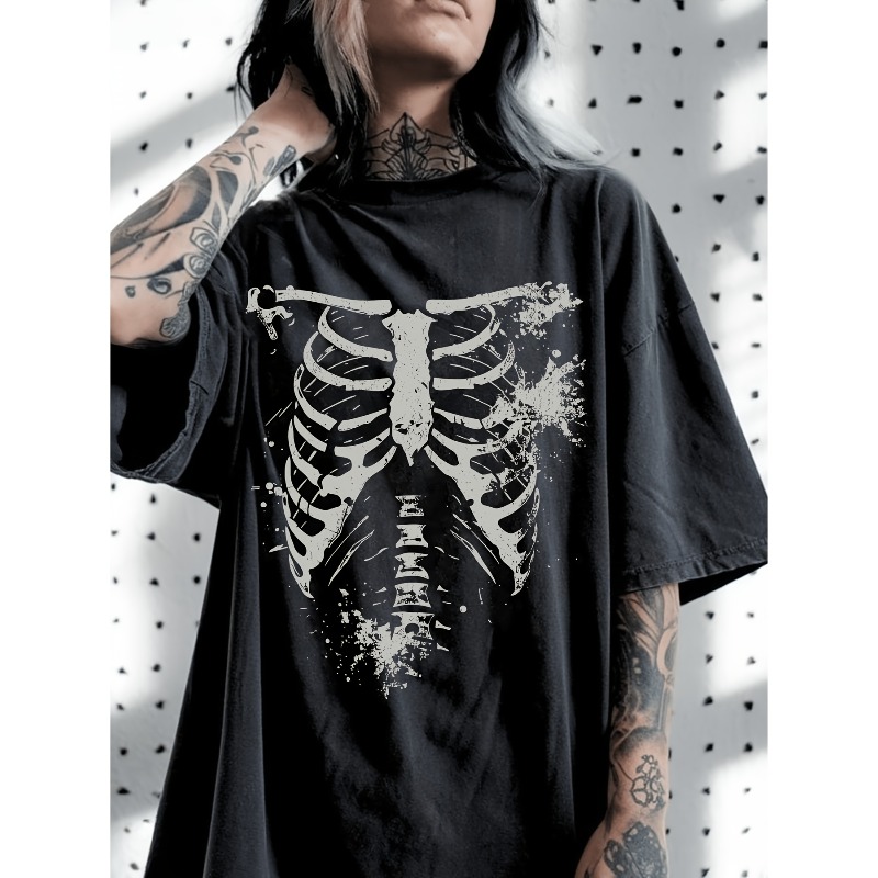 Summer Clothing Drop - เสื้อยืดแขนสั้นคอกลม ลายกราฟิกโครงกระดูกฮาโลวีน ไหล่ตก สไตล์ลำลอง สำหรับฤดูใบไม้ผลิและฤดูร้อน เสื้อผ้าสำหรับทุกเพศ