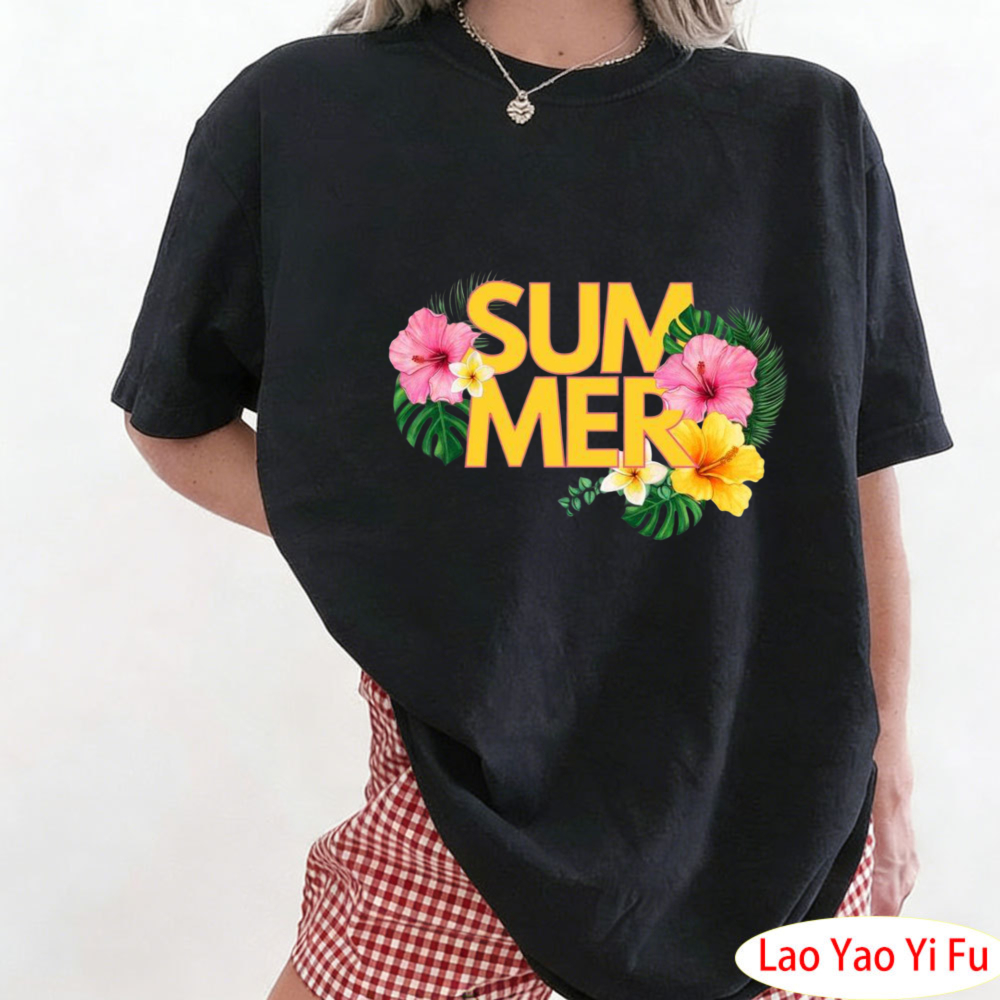 Summer Clothing Resort - เสื้อยืดลายดอกไม้เขตร้อนฤดูร้อน เสื้อยืดพิมพ์ลายดอกไม้สีสันสดใส เสื้อพิมพ์ลายตัวอักษรสำหรับผู้หญิง เสื้อแฟชั่นสำหรับวันหยุดพักผ่อน