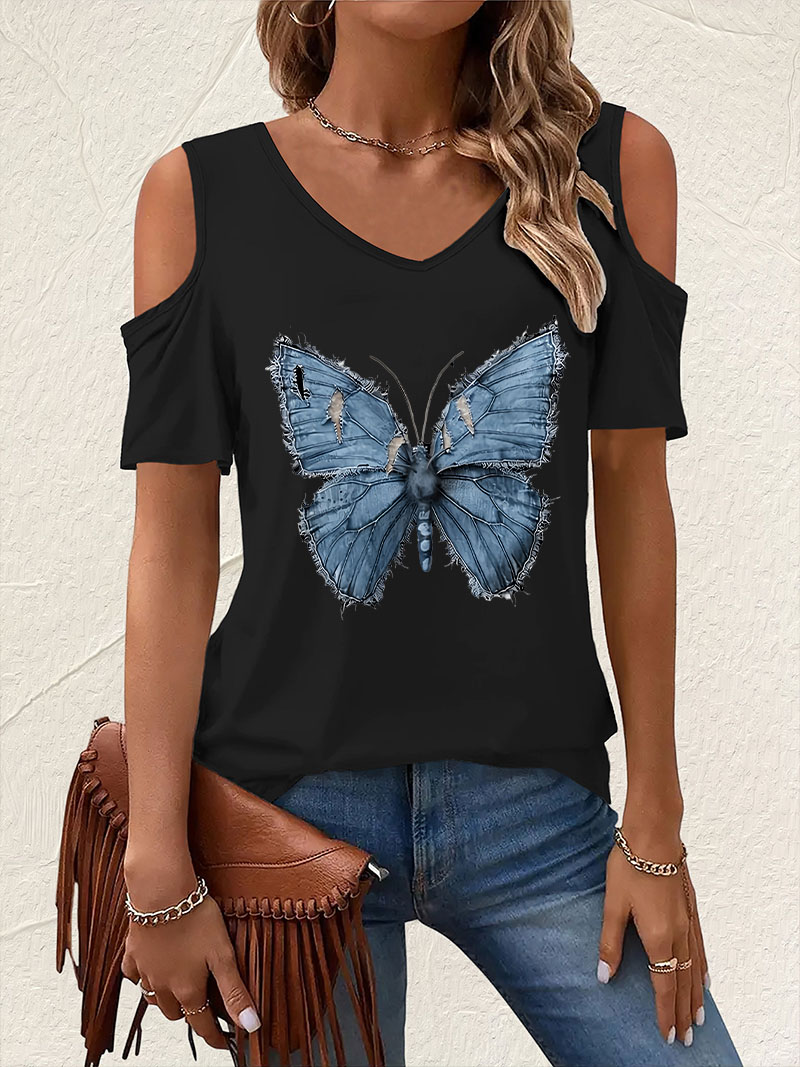 Summer Clothing Drop - เสื้อยืดวินเทจคอวีลายผีเสื้อ แขนสั้น เสื้อยืดคอวีลายกราฟิก เสื้อผ้าลำลองสำหรับฤดูร้อน เสื้อผ้าผู้หญิงแบบเปิดไหล่