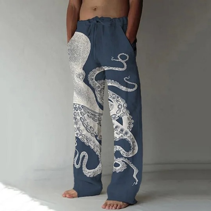 Japanese Summer Clothing Men - กางเกงลำลองพิมพ์ลายกราฟิกปลาหมึกยักษ์ศิลปะญี่ปุ่นสไตล์วินเทจขายาวทรงหลวมขนาดใหญ่สำหรับผู้ชาย ฤดูใบไม้ร่วง 2025