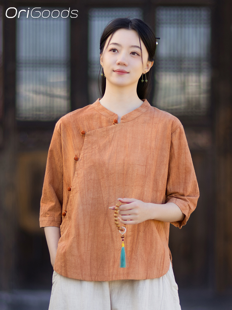 Summer Clothing Drop - OriGoods เสื้อเชิ้ตผู้หญิงลายมัดย้อม ผ้ารามีผสมคอตตอน ทรงหลวม สไตล์จีน เสื้อเชิ้ตฤดูร้อน