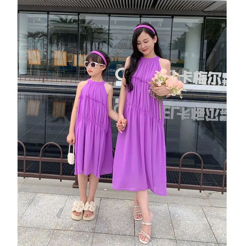 Summer Clothing Resort - ชุดเดรสสีม่วงวันหยุดสำหรับคุณแม่และลูกสาวชุดเดรสหนึ่งชิ้นชายหาดสำหรับคุณแม่เด็กผู้หญิงเสื้อผ้าสำหรับวันหยุดพักผ่อน
