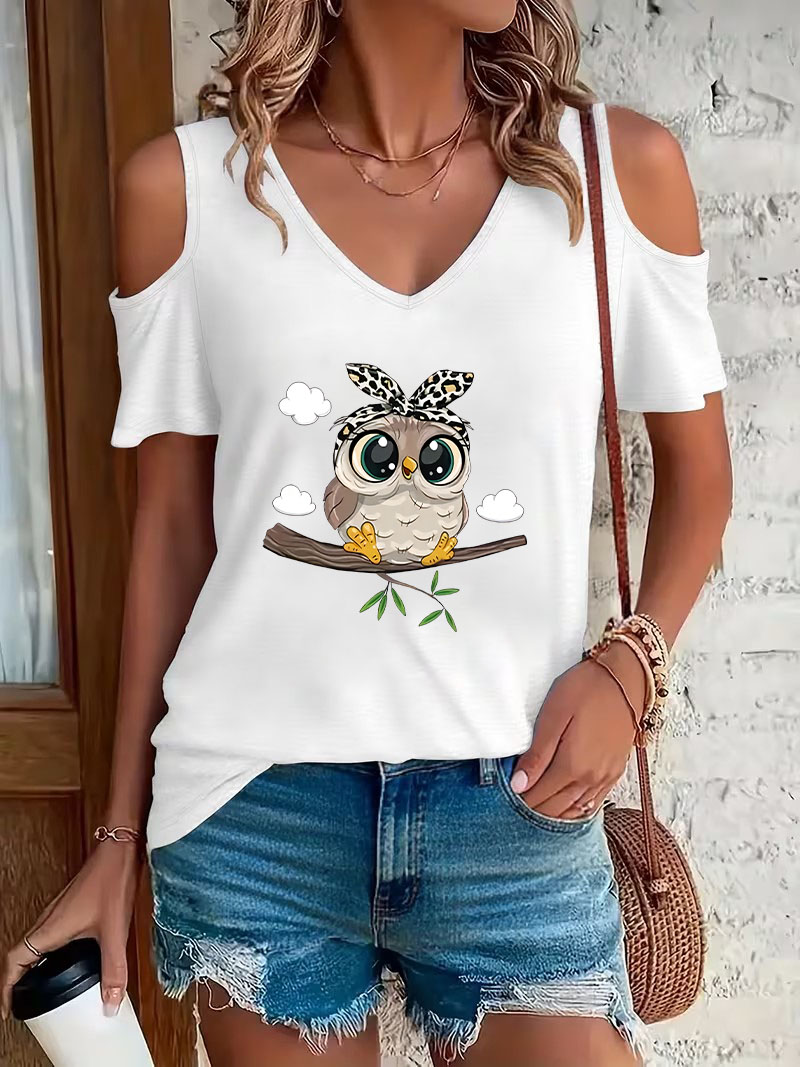 เสื้อยืดคอวีลายการ์ตูนนกฮูกสุด - Summer Clothing Drop บทวิจารณ์และราคา