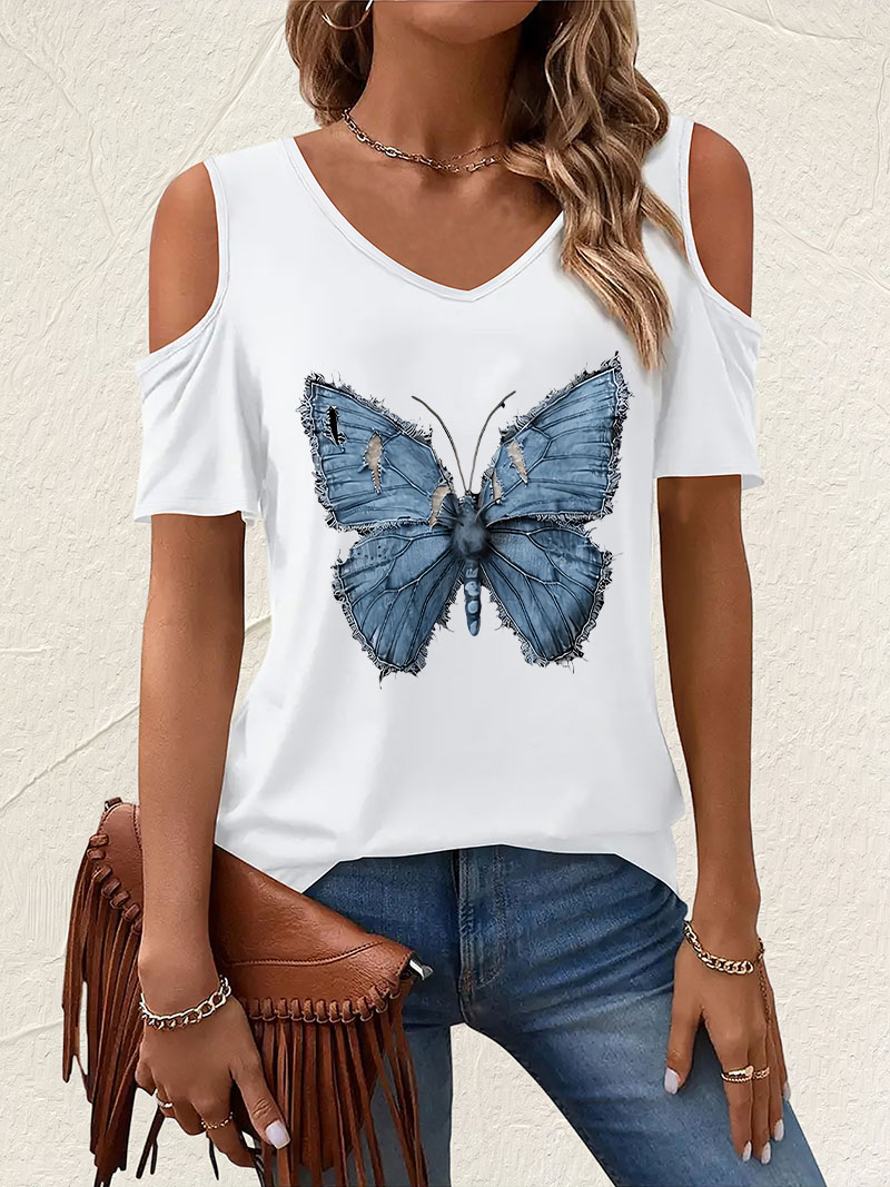 เสื้อยืดวินเทจคอวีลายผีเสื้อ แ - Summer Clothing Drop บทวิจารณ์และราคา